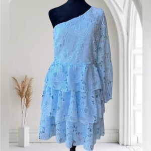 Chic One-Shoulder Blue Lace Dress